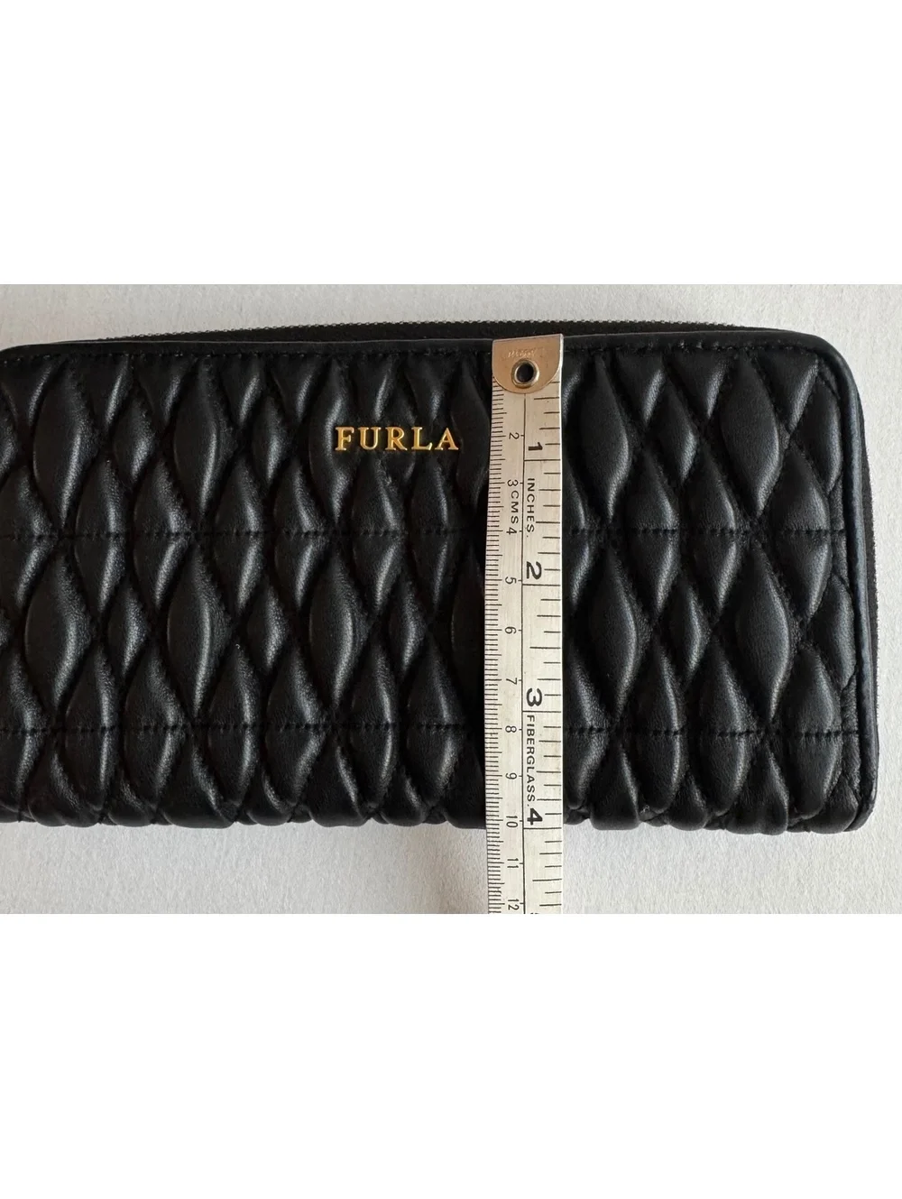 Furla Black Quilted Leather Continental Zip Around Wallet Gold Hardware Italy